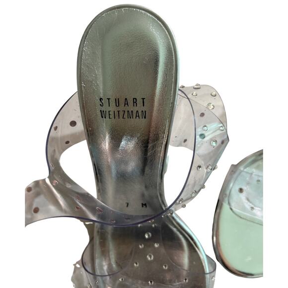 Stuart Weitzman Clear Silver Crystal Embellishments T-Strap Sandal Heels size 7 - Picture 6 of 11